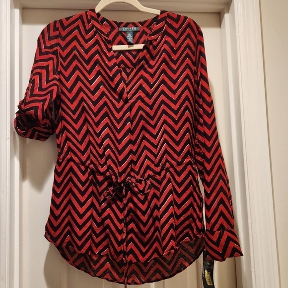 Lauren Ralph Lauren  chevron tunic blouse tie waist gold detail NWT - Picture 1 of 9